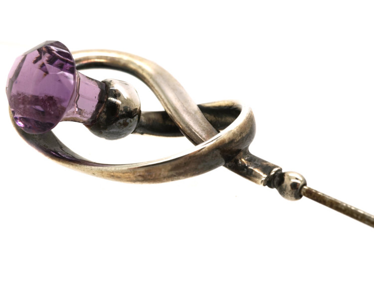 Art Nouveau Large Silver & Amethyst Glass Thistle Hatpin