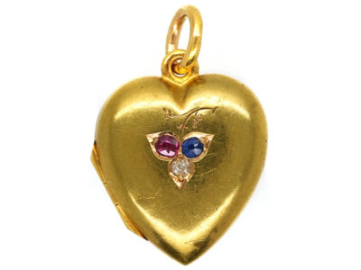 Edwardian 15ct Gold Heart Shaped Locket Set With a Sapphire, Ruby & Diamond