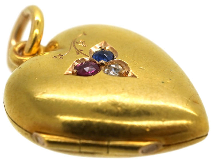 Edwardian 15ct Gold Heart Shaped Locket Set With a Sapphire, Ruby & Diamond