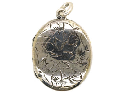 Victorian Small Oval Silver Locket With Ivy Leaf Motif