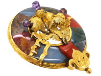 Victorian 15ct Gold Scottish Garter & Thistle Brooch Set With Jasper, Bloodstone & Amethysts