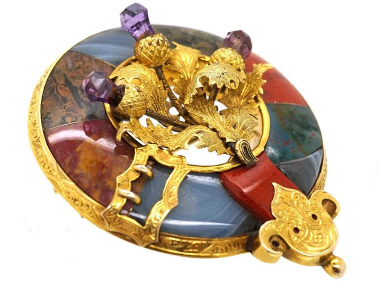Victorian 15ct Gold Scottish Garter & Thistle Brooch Set With Jasper, Bloodstone & Amethysts