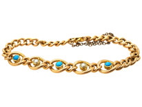 Edwardian 15ct Gold Curb Bracelet Set With Turquoise & Pearls