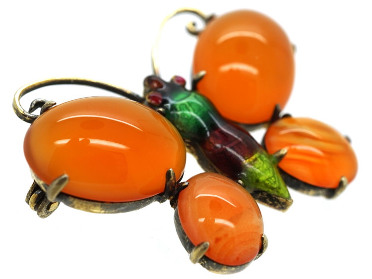 Silver, Enamel & Carnelian Butterfly Brooch