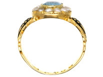 Victorian Gold, Enamel, Aquamarine & Natural Split Pearl Cluster Mourning Ring