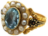 Victorian Gold, Enamel, Aquamarine & Natural Split Pearl Cluster Mourning Ring