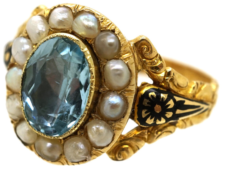 Victorian Gold, Enamel, Aquamarine & Natural Split Pearl Cluster Mourning Ring