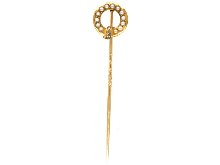 Edwardian 15ct gold, Natural Split Pearl & Rose Diamond Garter Tie Pin