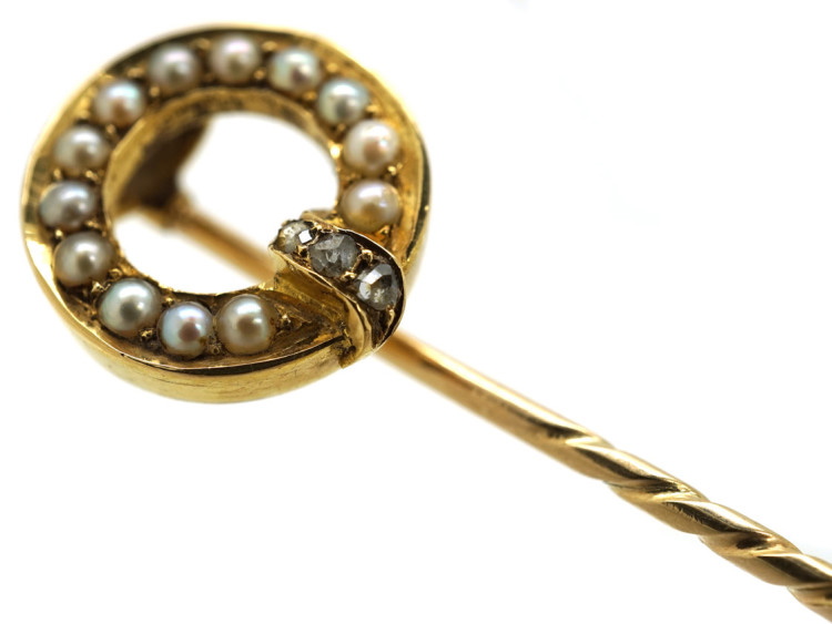 Edwardian 15ct gold, Natural Split Pearl & Rose Diamond Garter Tie Pin