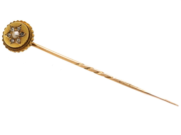 Edwardian 15ct Gold, Natural Pearl & Rose Diamond Tie Pin