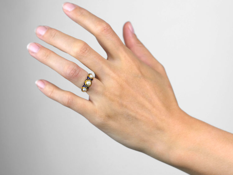 Victorian 18ct Gold Royal Blue Enamel & Natural Pearl Ring