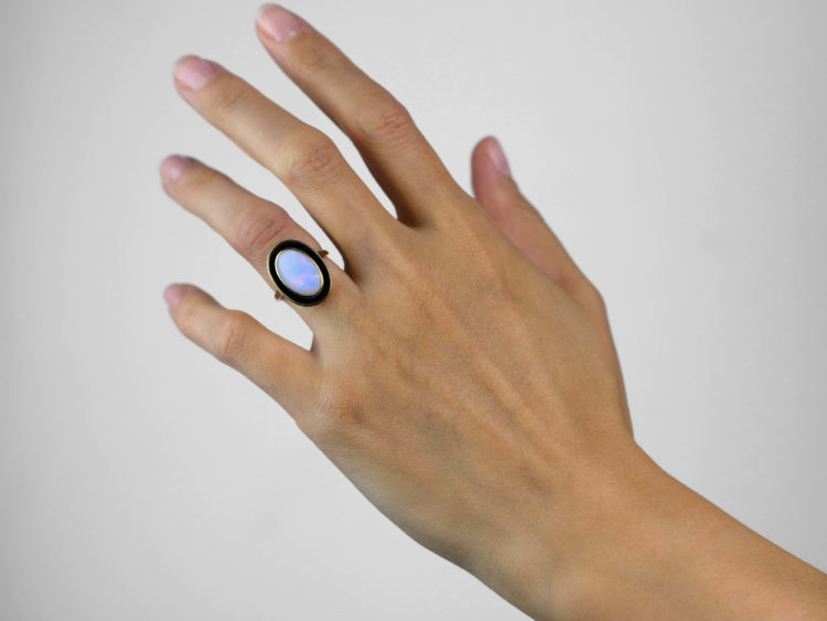 Art Deco 18ct Gold, Opal & Black Enamel Ring
