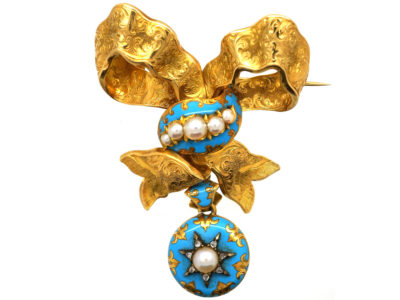 Victorian 15ct Gold, Turquoise Blue Enamel, Natural Split Pearl & Rose Diamond Bow Brooch