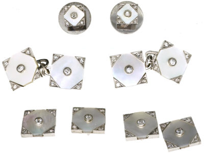 Art Deco 18ct White Gold , mother of Pearl & Diamond Dress Set in Original Case