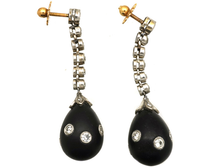 Art Deco Onyx & Diamond Drop Earrings in Original Case