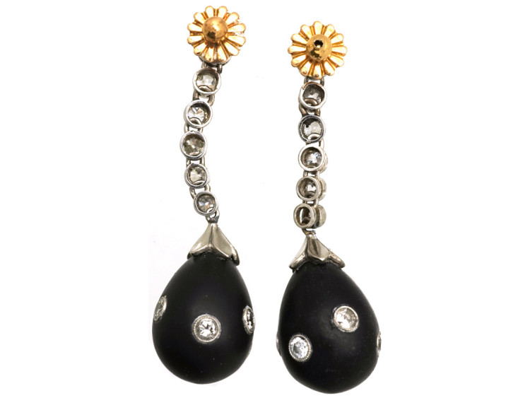 Art Deco Onyx & Diamond Drop Earrings in Original Case