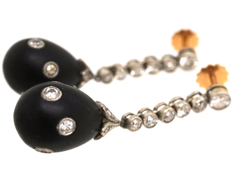 Art Deco Onyx & Diamond Drop Earrings in Original Case