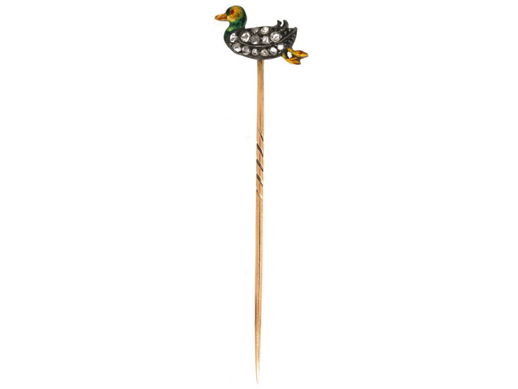 Edwardian Diamond & Enamel Duckling Tie Pin