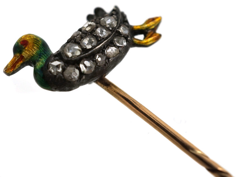 Edwardian Diamond & Enamel Duckling Tie Pin