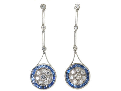 Art Deco Platinum, Sapphire & Diamond Target Design Drop Earrings