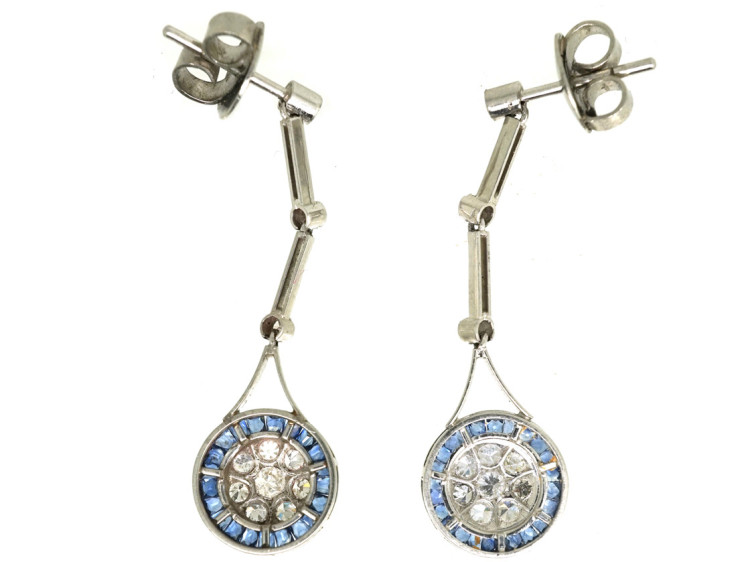 Art Deco Platinum, Sapphire & Diamond Target Design Drop Earrings