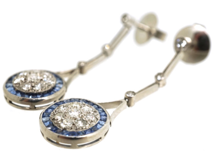 Art Deco Platinum, Sapphire & Diamond Target Design Drop Earrings