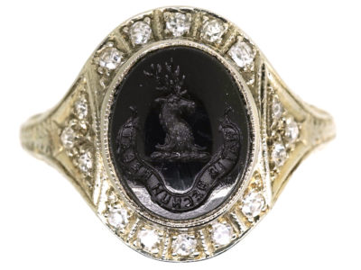 Art Deco 18ct White Gold Signet Ring With Onyx Crest Intaglio