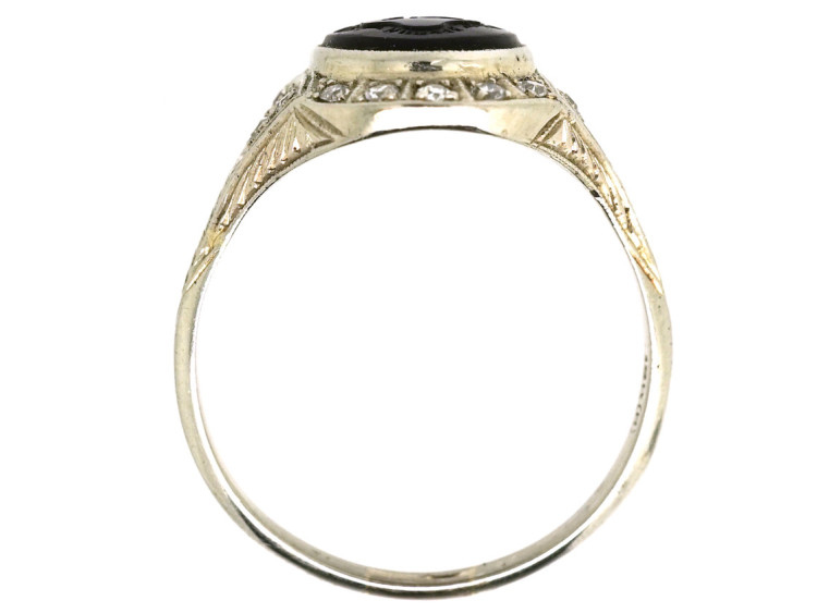 Art Deco 18ct White Gold Signet Ring With Onyx Crest Intaglio