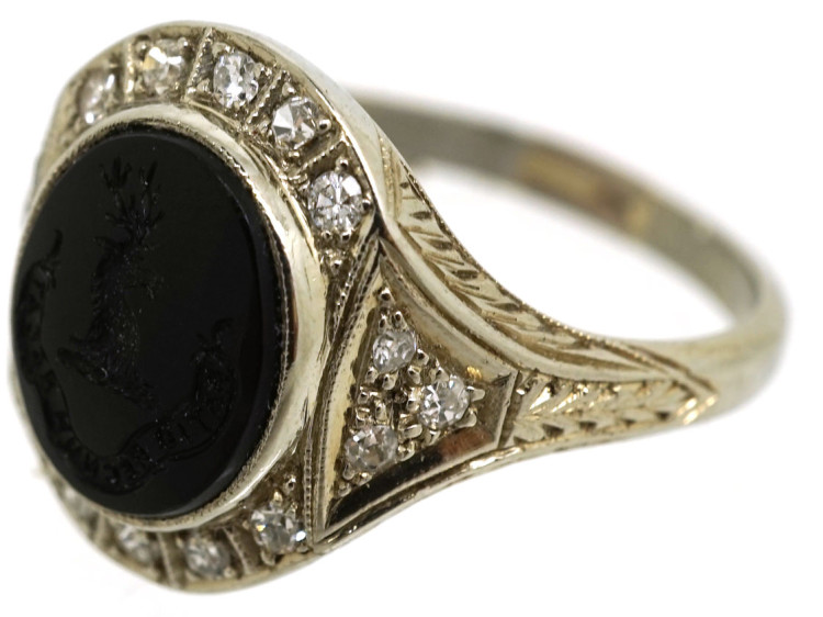 Art Deco 18ct White Gold Signet Ring With Onyx Crest Intaglio
