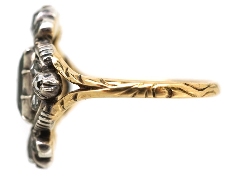 Georgian 15ct Gold, Foiled Green Aquamarine & Rose Diamond Ring