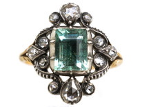 Georgian 15ct Gold, Foiled Green Aquamarine & Rose Diamond Ring