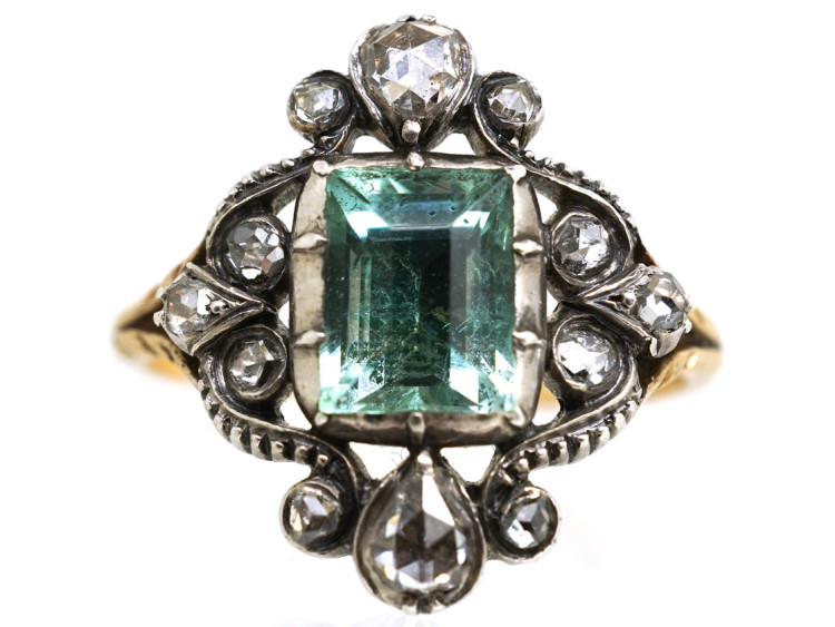 Georgian 15ct Gold, Foiled Green Aquamarine & Rose Diamond Ring