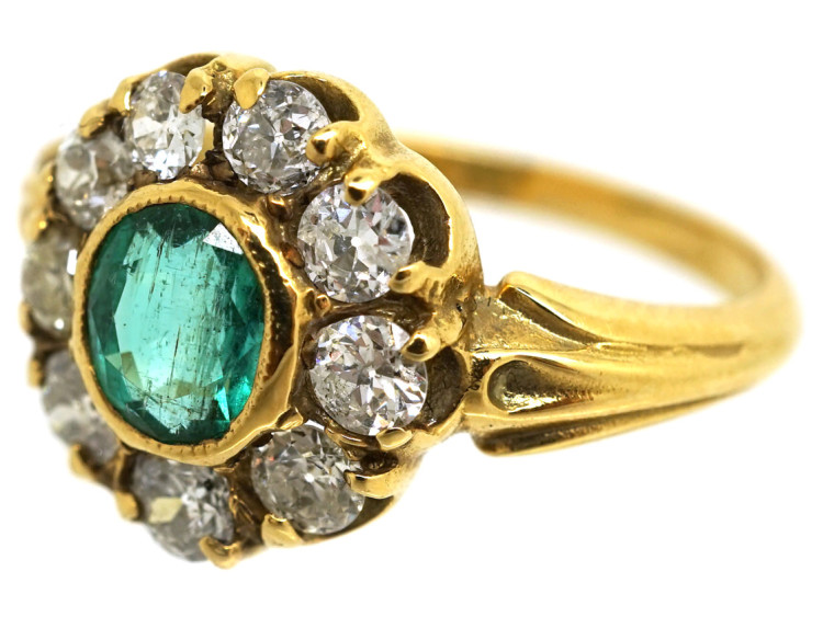 Edwardian 18ct Gold, Emerald & Diamond Cluster Ring