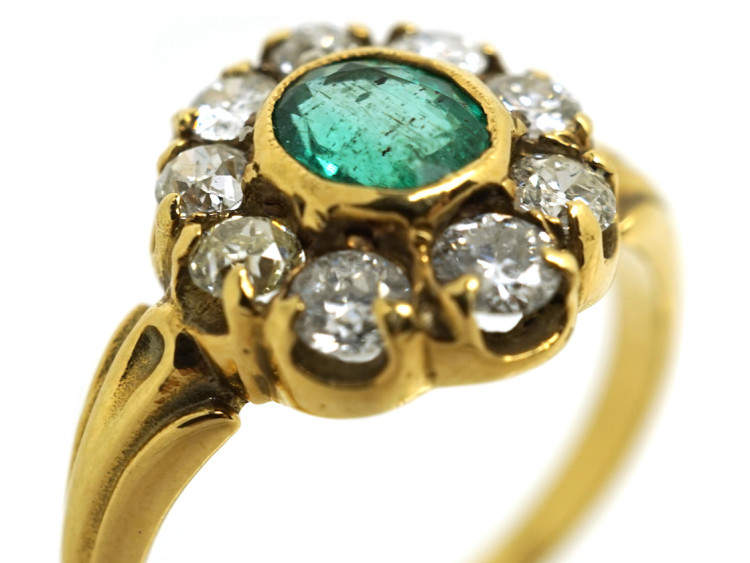Edwardian 18ct Gold, Emerald & Diamond Cluster Ring