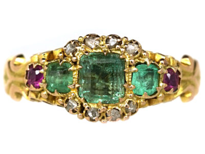 Victorian 15ct Gold, Emerald Ruby & Rose Diamond Ring