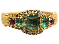 Victorian 15ct Gold, Emerald Ruby & Rose Diamond Ring