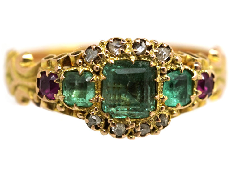Victorian 15ct Gold, Emerald Ruby & Rose Diamond Ring
