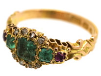 Victorian 15ct Gold, Emerald Ruby & Rose Diamond Ring