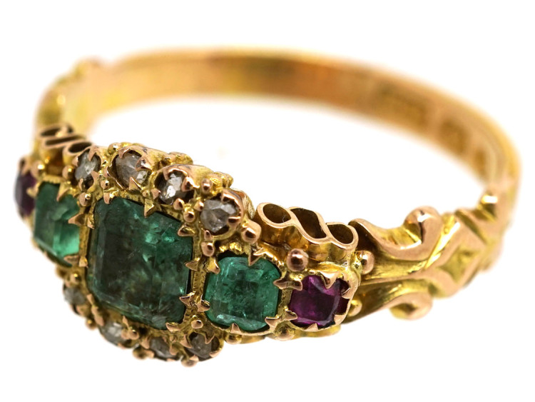 Victorian 15ct Gold, Emerald Ruby & Rose Diamond Ring