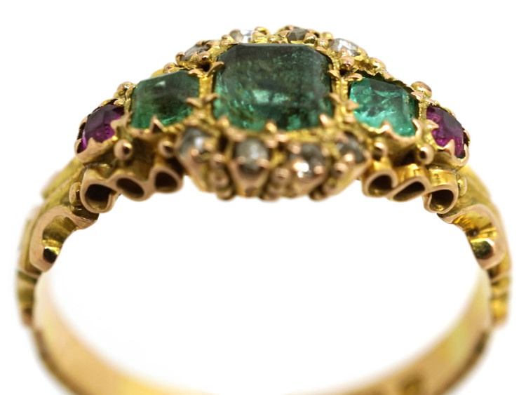 Victorian 15ct Gold, Emerald Ruby & Rose Diamond Ring