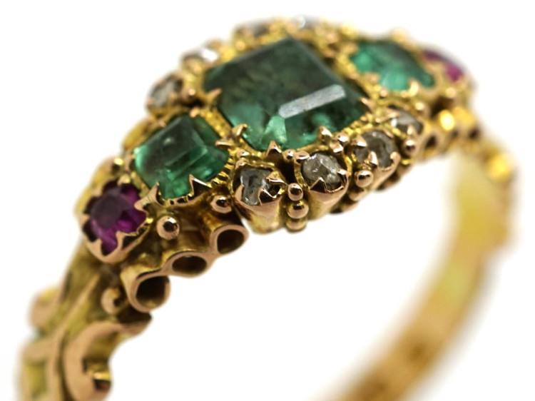 Victorian 15ct Gold, Emerald Ruby & Rose Diamond Ring