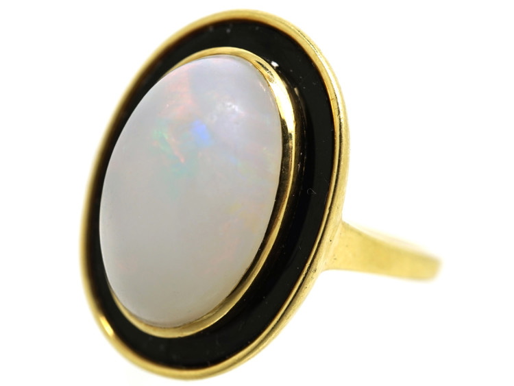 Art Deco 18ct Gold, Opal & Black Enamel Ring