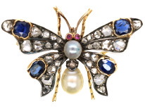Edwardian Sapphire, Natural Pearl, Ruby & Diamond Butterfly Brooch