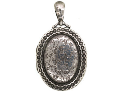 Victorian Silver Oval Locket With Ivy Leaf Motif