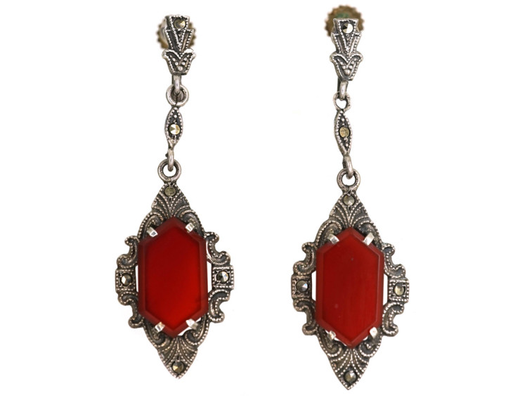 Art Deco Silver, Marcasite & Carnelian Drop Earrings