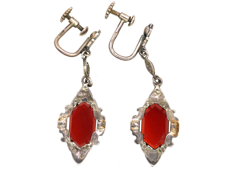 Art Deco Silver, Marcasite & Carnelian Drop Earrings