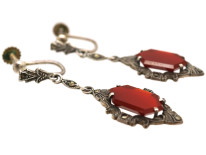 Art Deco Silver, Marcasite & Carnelian Drop Earrings