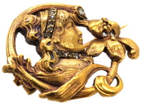 Art Nouveau 18ct Gold & Rose Diamond Brooch of a Lady with an Iris
