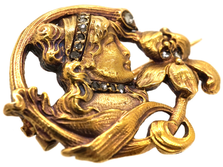 Art Nouveau 18ct Gold & Rose Diamond Brooch of a Lady with an Iris
