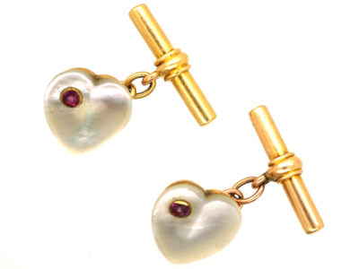 Edwardian 15ct Gold Heart Shaped Mother of Pearl & Ruby Cufflinks